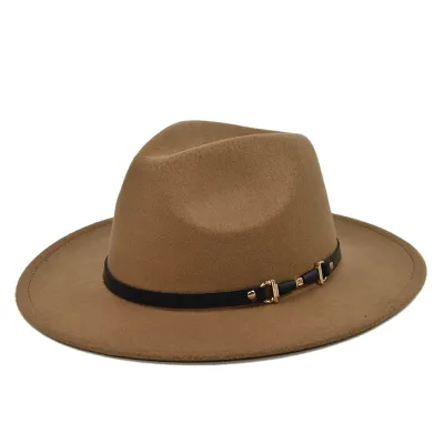 Belt Decorated Solid Color Wool Fedora Hat Unisex