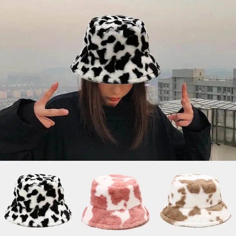 Fashion Cow Pattern Plush Bucket Hat for Unisex