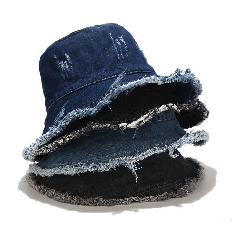 Distressed Denim Blue Trucker Hat with Outdoor Scene Logo – Whimsical Wolf