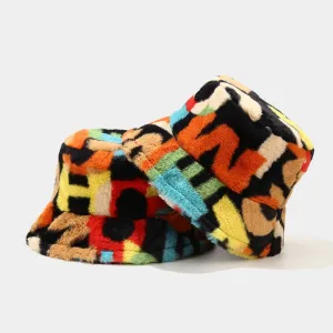 Fashion Color Letter Printing Bucket Hat Faux Rabbit Fur