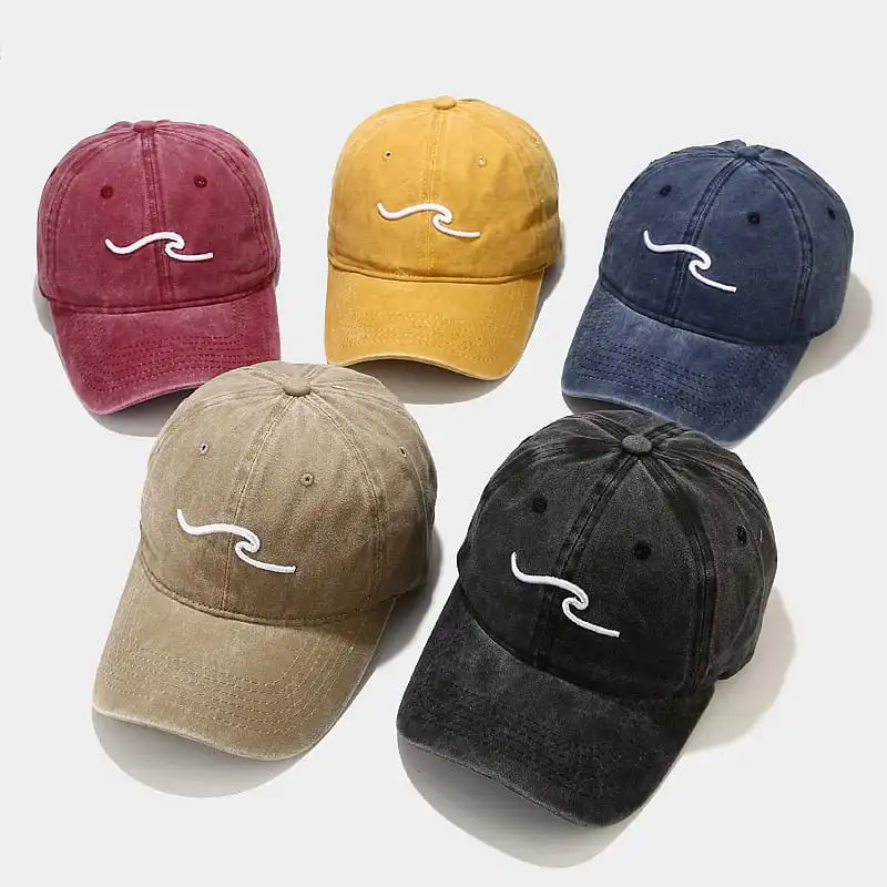 Retro Wave Embroidery Solid Color Cotton Dome Cap