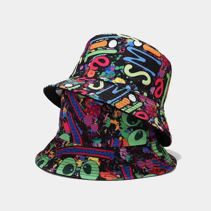 Unisex Polyester Cotton Graffiti Pattern Flat Top Bucket Hat