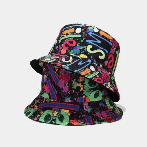 Unisex Polyester Cotton Graffiti Pattern Flat Top Bucket Hat