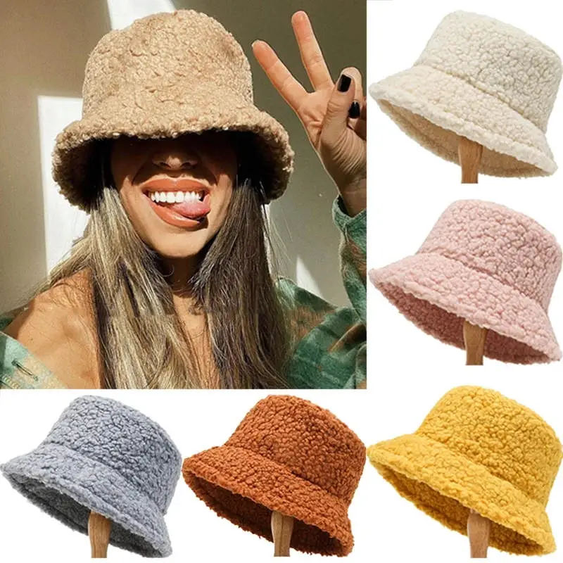 Casual Solid Color Plush Lambswool Bucket Hat Unisex