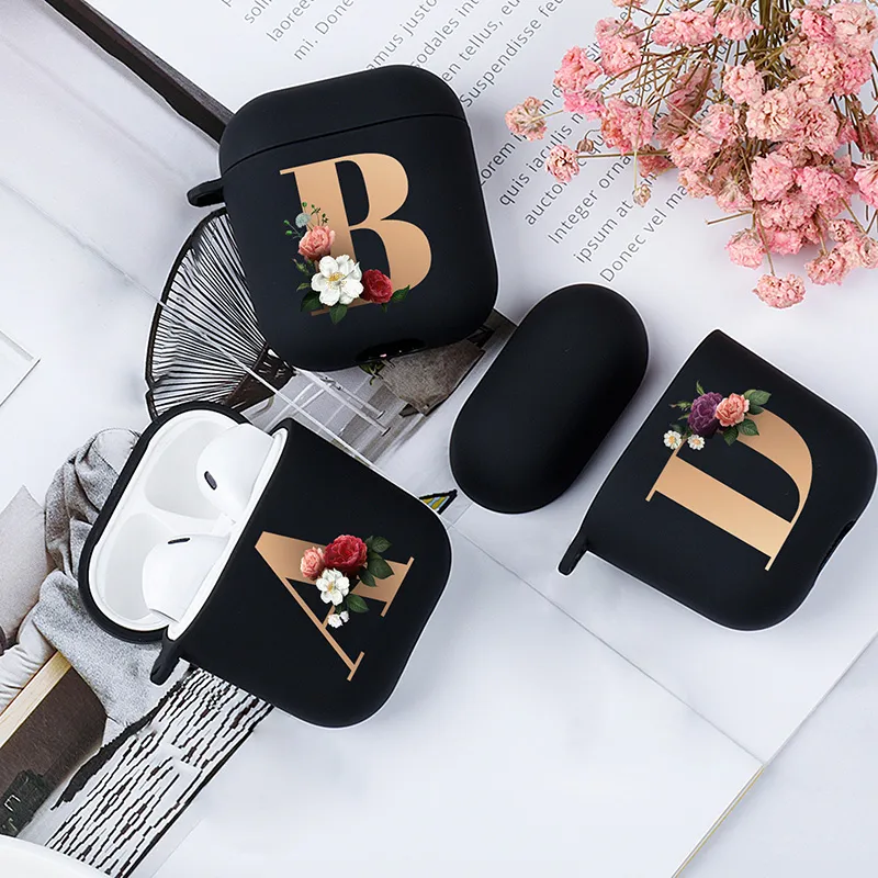 Floral Decor Gold Alphabet Letter AirPods Bluetooth Headset Case Clamshell TPU Fashion