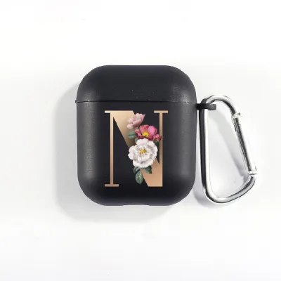Floral Decor Gold Alphabet Letter AirPods Bluetooth Headset Case Clamshell TPU Fashion