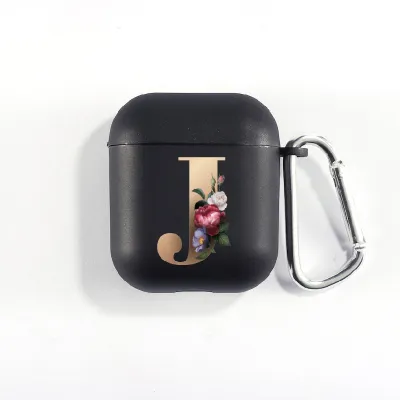 Floral Decor Gold Alphabet Letter AirPods Bluetooth Headset Case Clamshell TPU Fashion