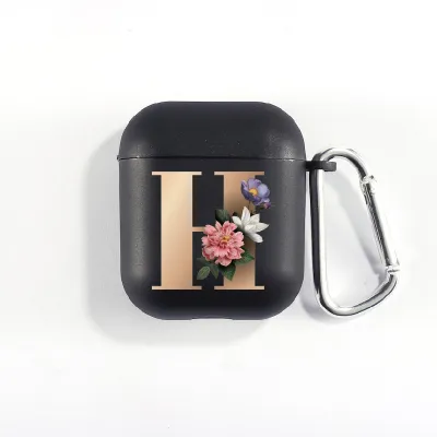 Floral Decor Gold Alphabet Letter AirPods Bluetooth Headset Case Clamshell TPU Fashion