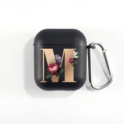 Floral Decor Gold Alphabet Letter AirPods Bluetooth Headset Case Clamshell TPU Fashion