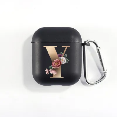Floral Decor Gold Alphabet Letter AirPods Bluetooth Headset Case Clamshell TPU Fashion