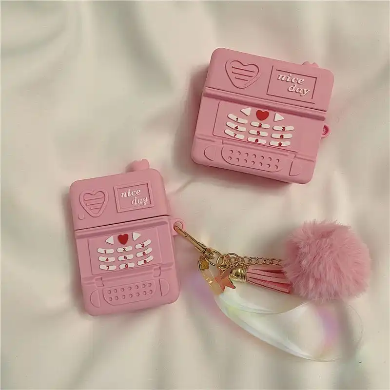 Creative Pink Phone Shape Silicone AirPods Case for Apple Wireless Headphones