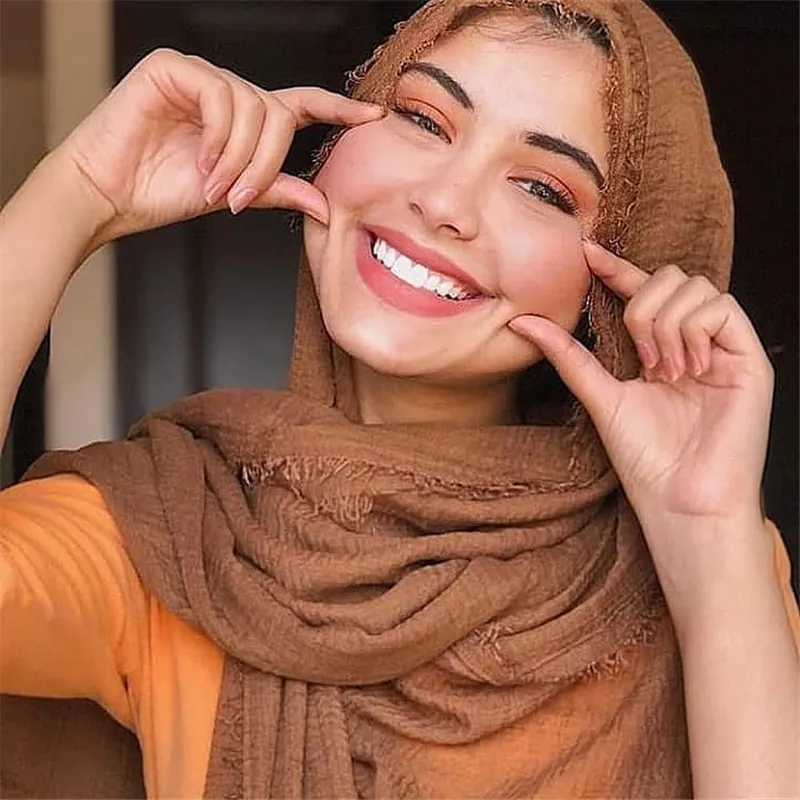 Women Solid Color Muslim Crinkle Hijab Scarf Cotton Rectangle 180cm x 90cm