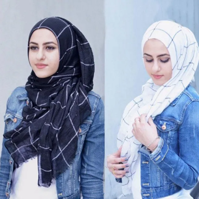 Muslim Cotton Hijab Scarf 80x180cm Plaid Print Retro Ethnic
