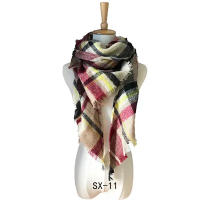 Women Winter Simple Plaid Triangle Shawl Scarf Imitation Cashmere 135-175cm
