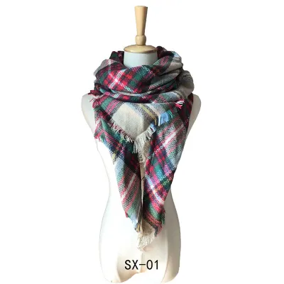 Women Winter Simple Plaid Triangle Shawl Scarf Imitation Cashmere 135-175cm