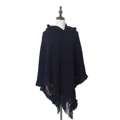 Fashion Solid Color Knitted Hooded Tassels Shawl for Women