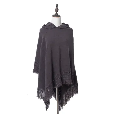 Fashion Solid Color Knitted Hooded Tassels Shawl for Women