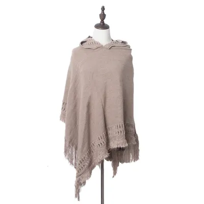 Fashion Solid Color Knitted Hooded Tassels Shawl for Women