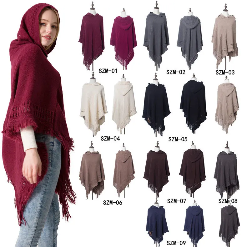 Fashion Solid Color Knitted Hooded Tassels Shawl for Women