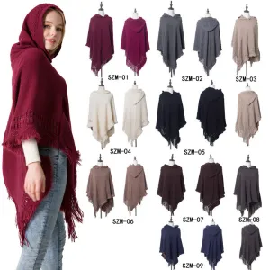 Fashion Solid Color Knitted Hooded Tassels Shawl for Women
