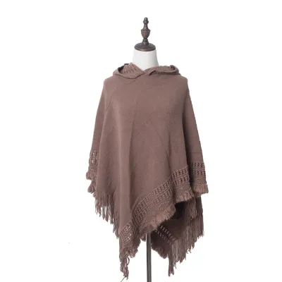 Fashion Solid Color Knitted Hooded Tassels Shawl for Women