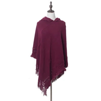 Fashion Solid Color Knitted Hooded Tassels Shawl for Women