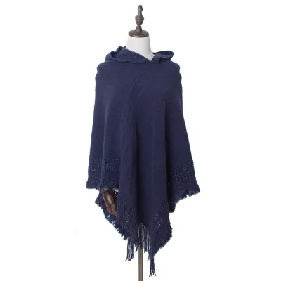 Fashion Solid Color Knitted Hooded Tassels Shawl for Women