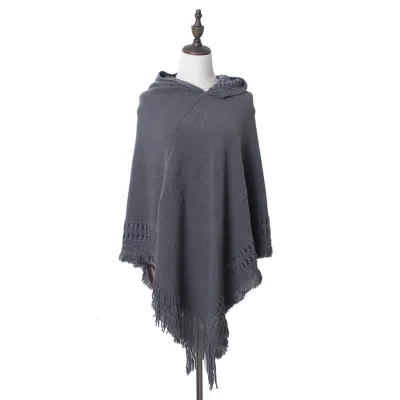 Fashion Solid Color Knitted Hooded Tassels Shawl for Women