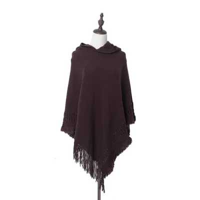 Fashion Solid Color Knitted Hooded Tassels Shawl for Women