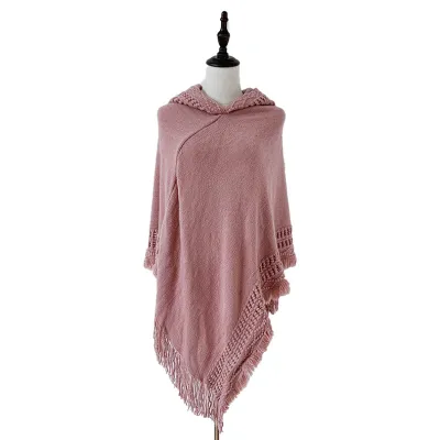 Fashion Solid Color Knitted Hooded Tassels Shawl for Women