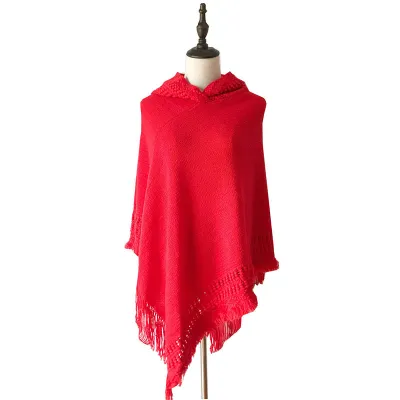 Fashion Solid Color Knitted Hooded Tassels Shawl for Women