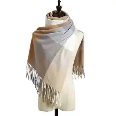 Simple Tassel Design Large Plaid Scarf Elegant Lady Imitation Cashmere
