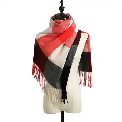 Simple Tassel Design Large Plaid Scarf Elegant Lady Imitation Cashmere