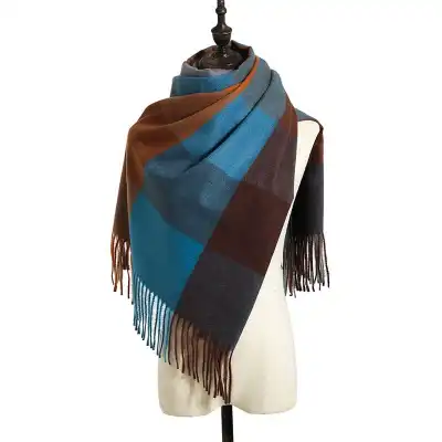 Simple Tassel Design Large Plaid Scarf Elegant Lady Imitation Cashmere