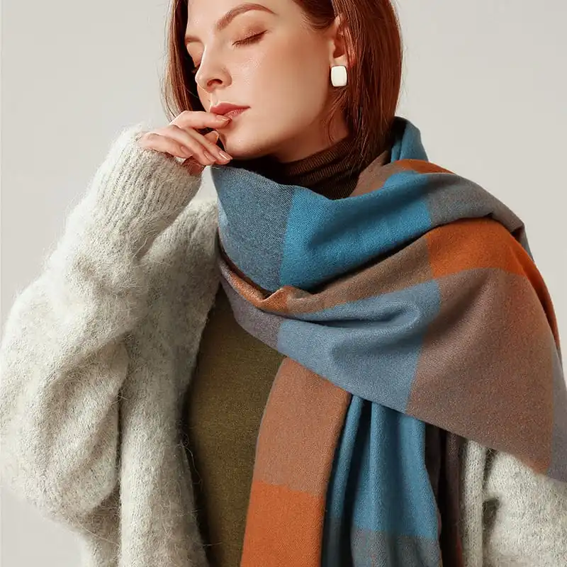 Simple Tassel Design Large Plaid Scarf Elegant Lady Imitation Cashmere