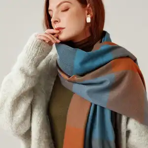 Simple Tassel Design Large Plaid Scarf Elegant Lady Imitation Cashmere