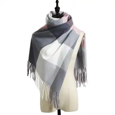 Simple Tassel Design Large Plaid Scarf Elegant Lady Imitation Cashmere