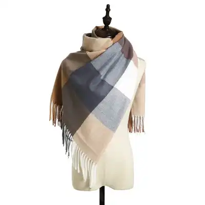 Simple Tassel Design Large Plaid Scarf Elegant Lady Imitation Cashmere