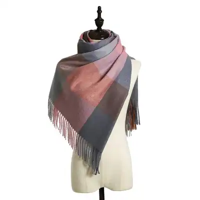 Simple Tassel Design Large Plaid Scarf Elegant Lady Imitation Cashmere
