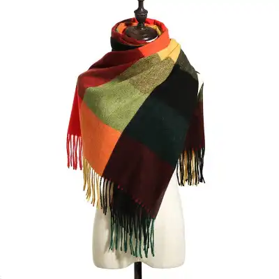 Simple Tassel Design Large Plaid Scarf Elegant Lady Imitation Cashmere