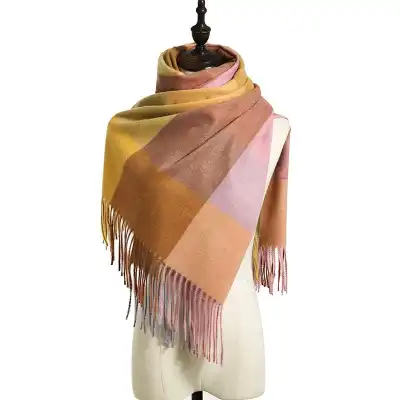 Simple Tassel Design Large Plaid Scarf Elegant Lady Imitation Cashmere