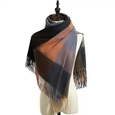 Simple Tassel Design Large Plaid Scarf Elegant Lady Imitation Cashmere