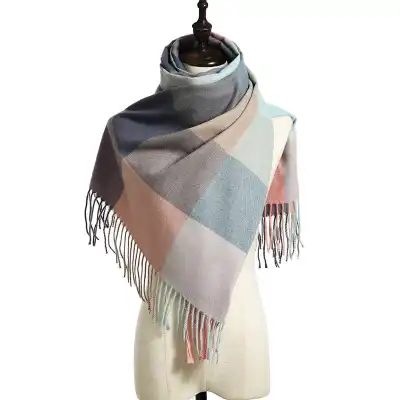 Simple Tassel Design Large Plaid Scarf Elegant Lady Imitation Cashmere