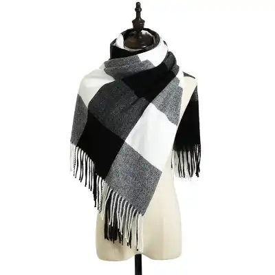 Simple Tassel Design Large Plaid Scarf Elegant Lady Imitation Cashmere