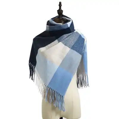 Simple Tassel Design Large Plaid Scarf Elegant Lady Imitation Cashmere