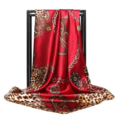 Fashion Chain And Leopard Pattern Square Silk Scarf