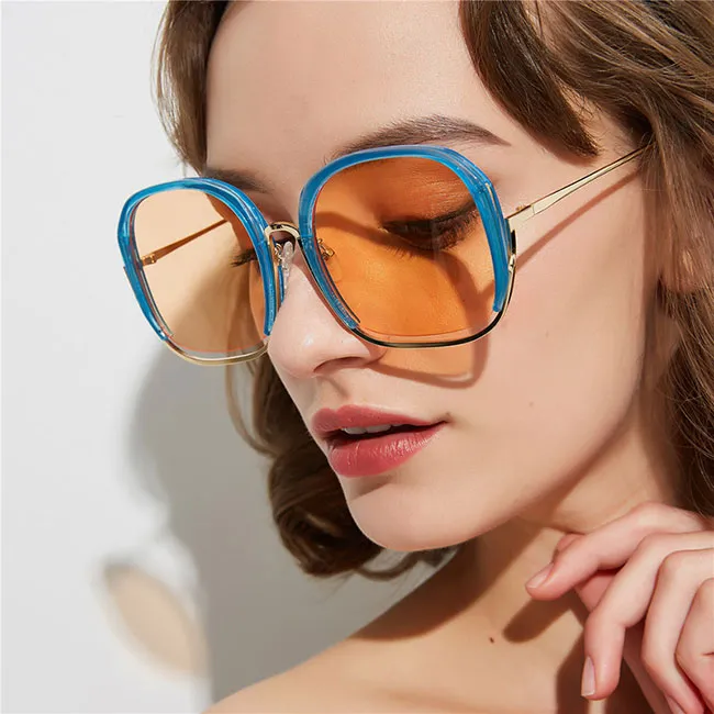 Women Semi-rimless Square Vintage Sunglasses Plastic Metal AC Lens