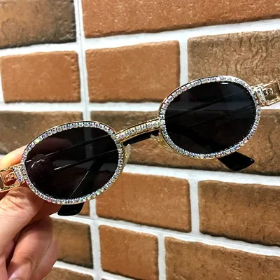 Fashion Small Round Rhinestone Decor Metal Frame Sunglasses