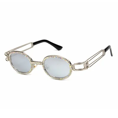 Fashion Small Round Rhinestone Decor Metal Frame Sunglasses