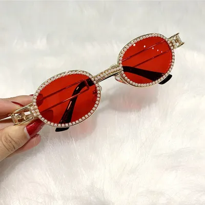 Fashion Small Round Rhinestone Decor Metal Frame Sunglasses